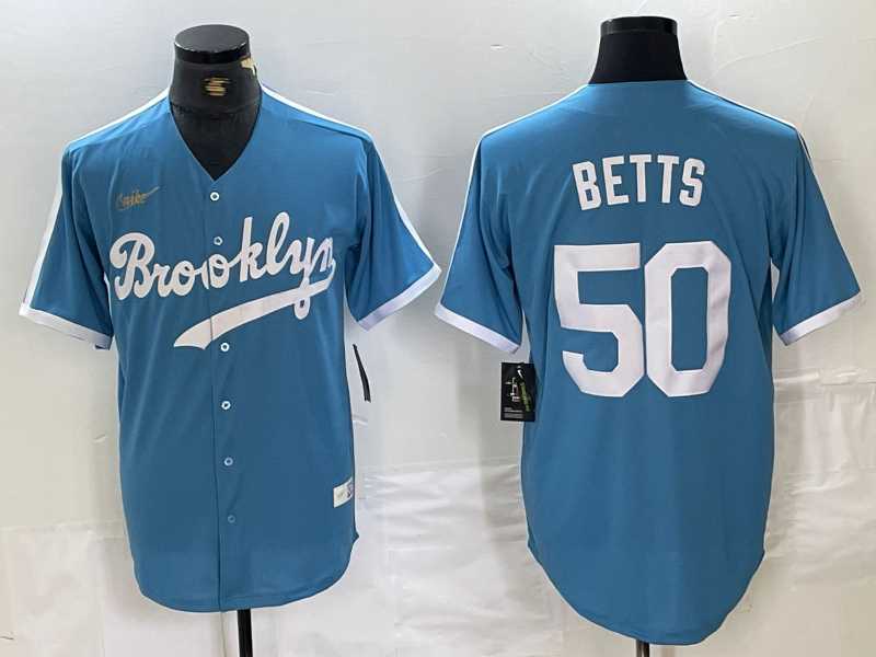 Men%27s Brooklyn Dodgers #50 Mookie Betts Light Blue Cooperstown Collection Cool Base Jersey